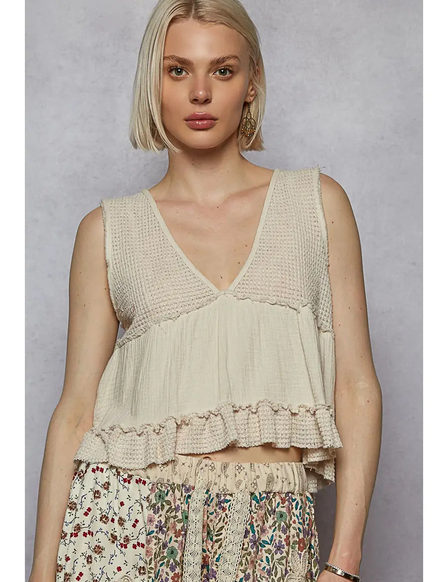 POL Sleeveless Contrast Cropped Babydoll Top on Simply Obsessed