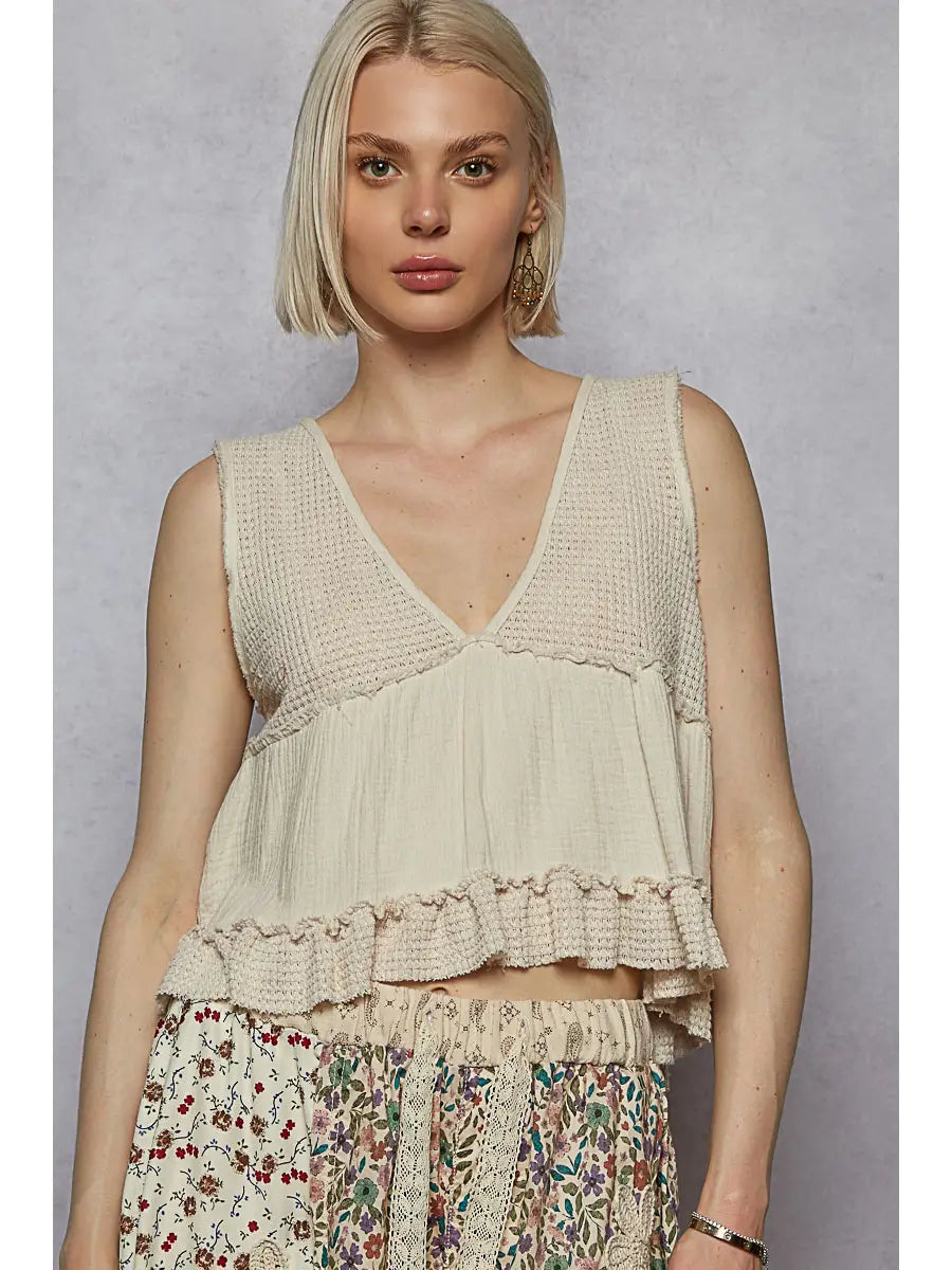 POL Sleeveless Contrast Cropped Babydoll Top on Simply Obsessed