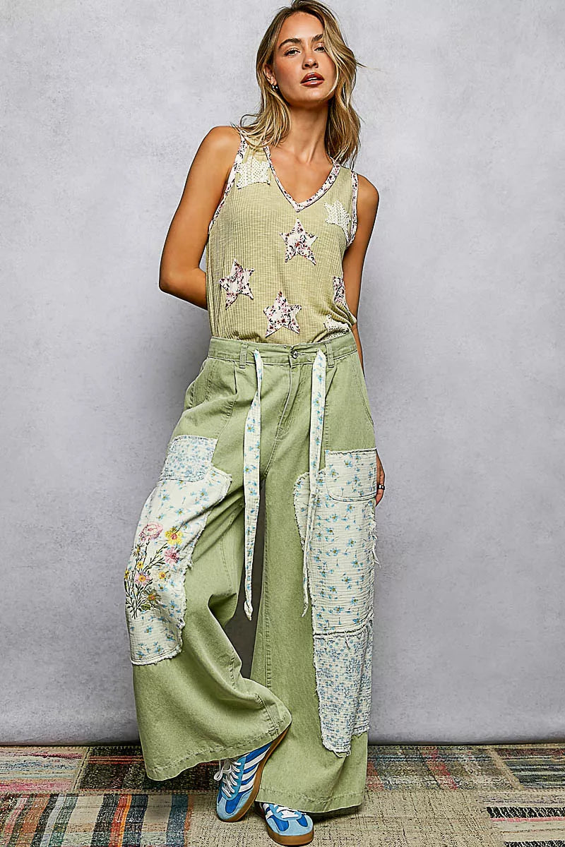 POL Floral Print Star Patch V-Neck Ribbed Tank on Simply Obsessed