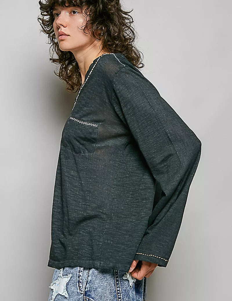 POL Contrast Stitch V-Neck Lightweight Knit Long Sleeve Top on Simply Obsessed