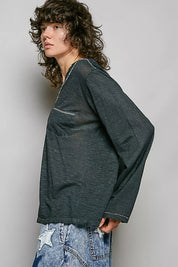 POL Contrast Stitch V-Neck Lightweight Knit Long Sleeve Top on Simply Obsessed