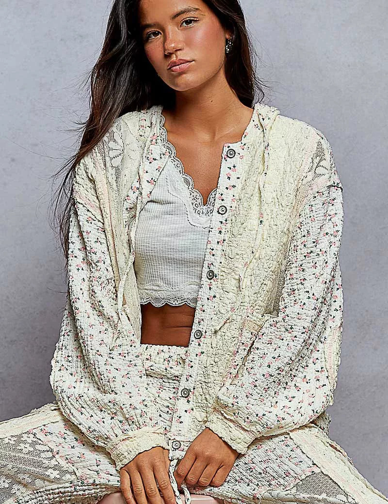 POL Floral Balloon Sleeve Hooded Lace Jacket with Stitch Detail on Simply Obsessed