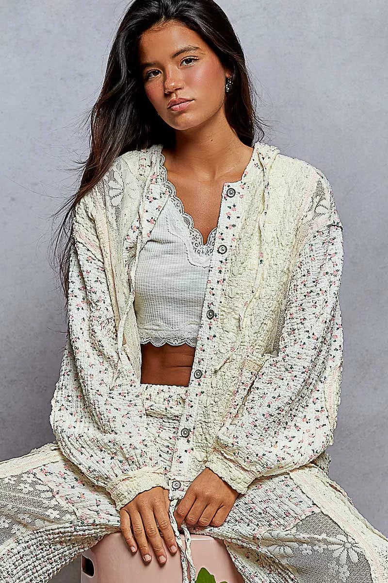 POL Floral Balloon Sleeve Hooded Lace Jacket with Stitch Detail on Simply Obsessed
