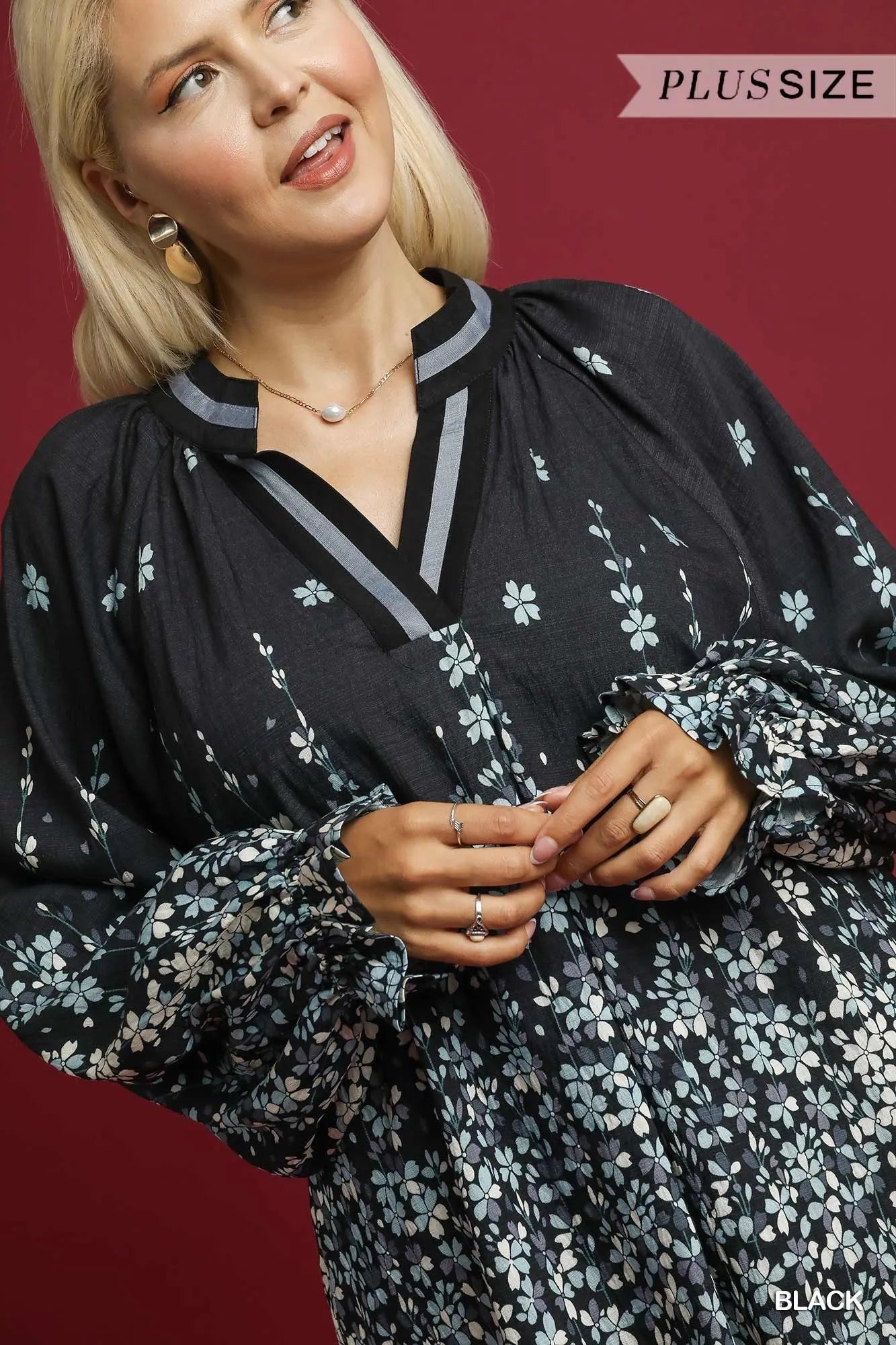 Umgee Full Size Floral Vine Print Blouse with Balloon Sleeves Plus Size on Simply Obsessed