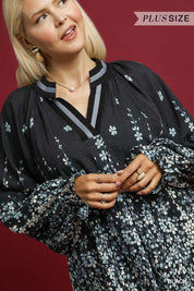 Umgee Full Size Floral Vine Print Blouse with Balloon Sleeves Plus Size on Simply Obsessed