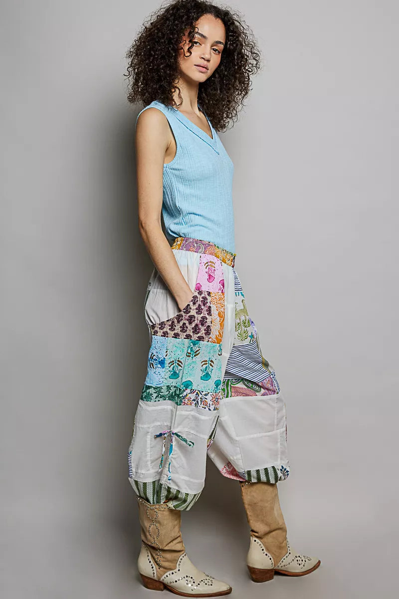 POL Printed Patchwork Wide Leg Pants with Adjustable Side Drawstring on Simply Obsessed