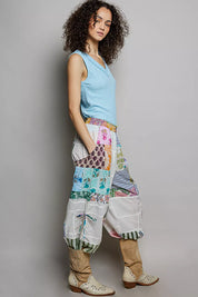 POL Printed Patchwork Wide Leg Pants with Adjustable Side Drawstring on Simply Obsessed