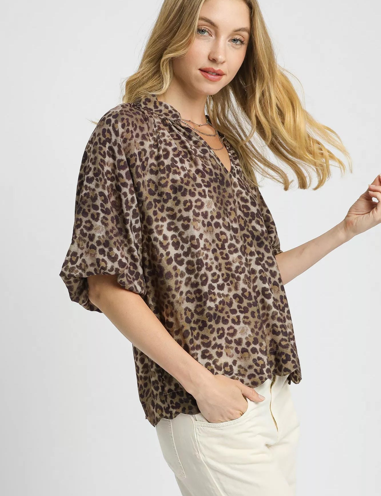 Umgee Leopard Bubble Sleeve Scalloped Hem Blouse on Simply Obsessed