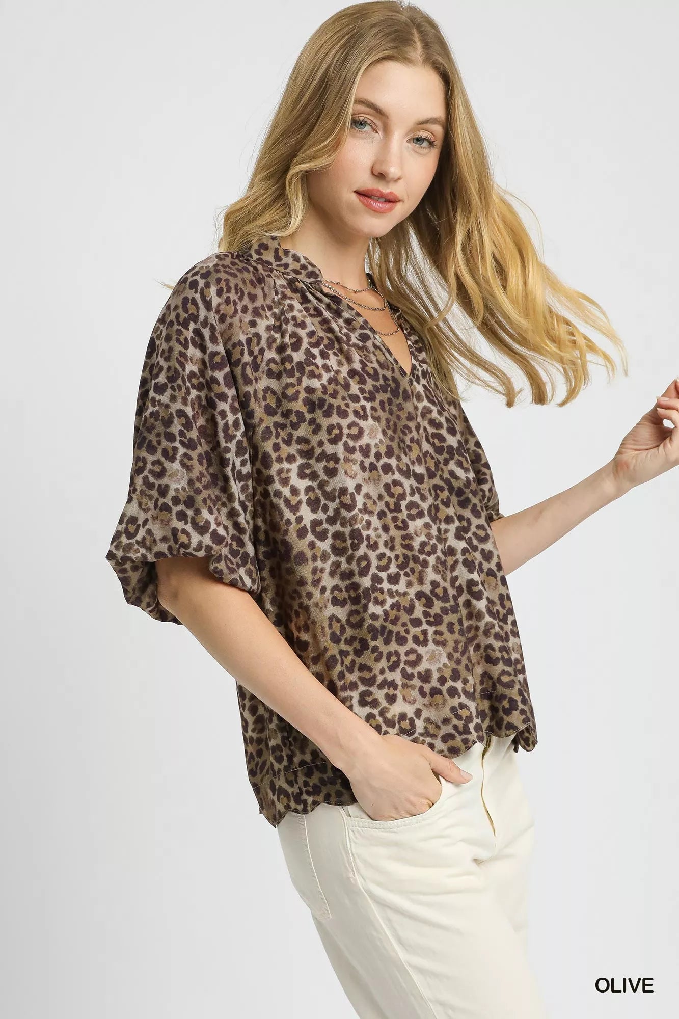 Umgee Leopard Bubble Sleeve Scalloped Hem Blouse on Simply Obsessed