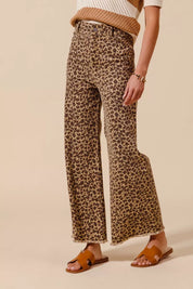SO ME Mid Rise Leopard Twill Frayed Hem Wide Leg Pants on Simply Obsessed