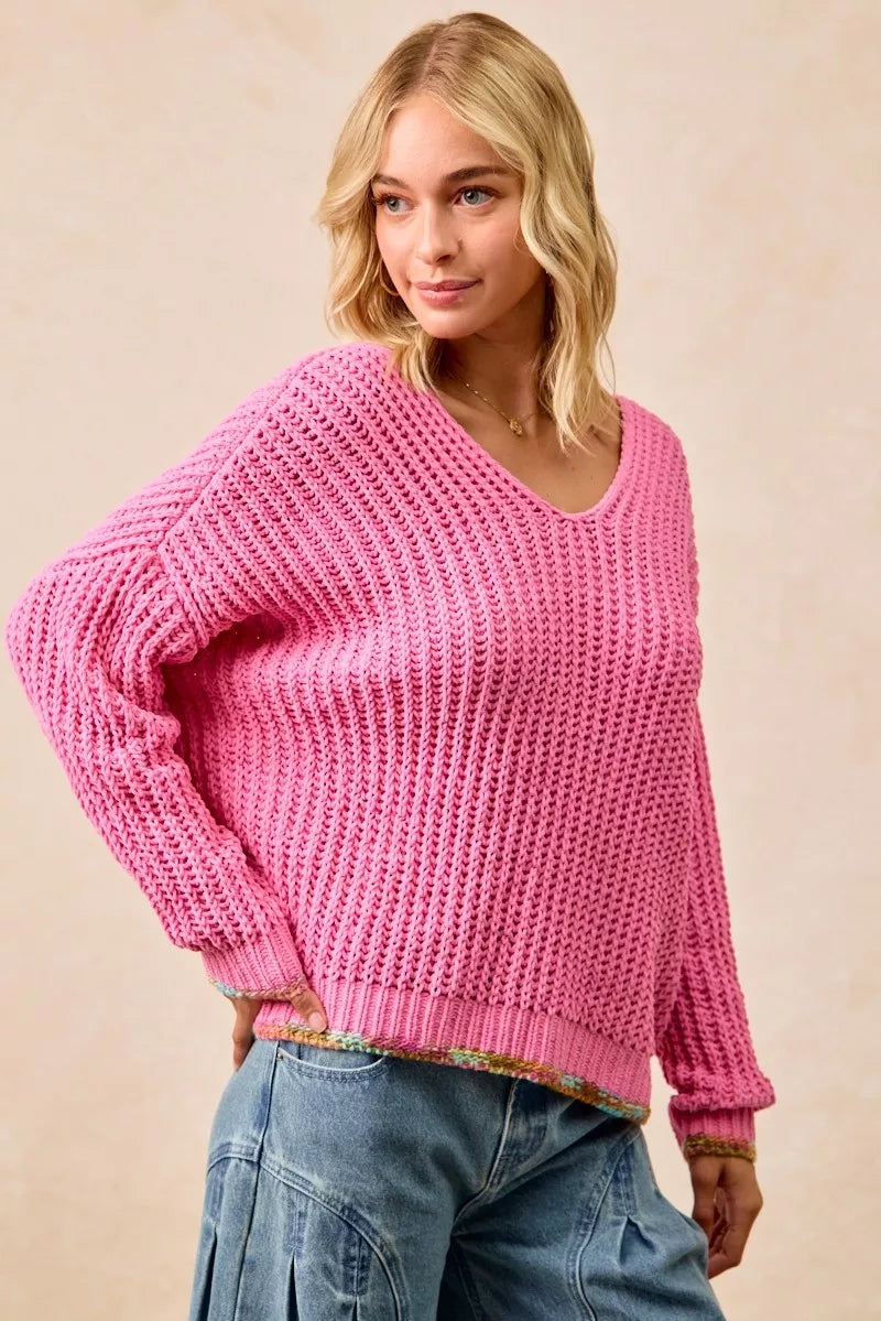 BiBi V-Neck Sweater with Colorful Trim on Simply Obsessed