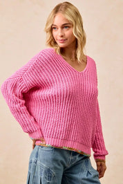 BiBi V-Neck Sweater with Colorful Trim on Simply Obsessed