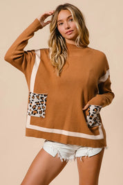 BiBi Mock Neck Sweater with Leopard Pocket on Simply Obsessed
