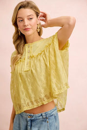 BIBI Solid Jersey With Lace Combo Ruffled Buttoned Top on Simply Obsessed