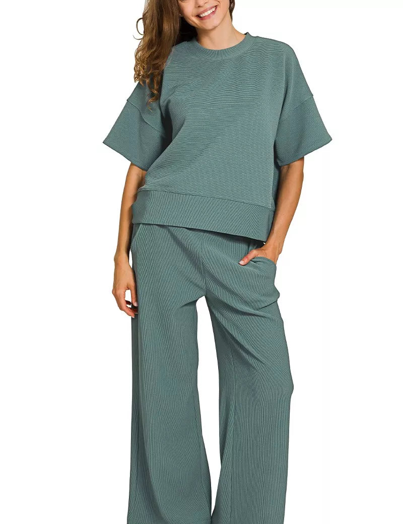 ZENANA Ribbed Round Neck Tee & Pants Set on Simply Obsessed