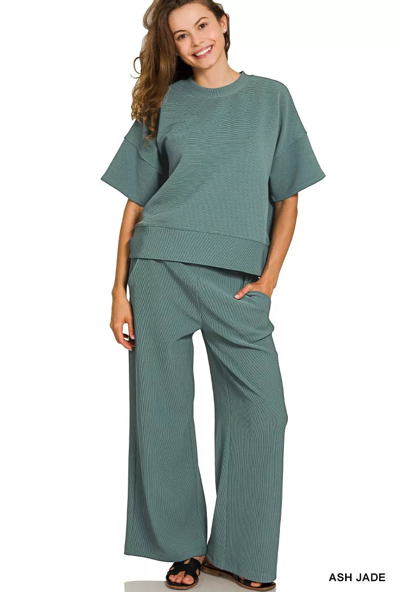 ZENANA Ribbed Round Neck Tee & Pants Set on Simply Obsessed