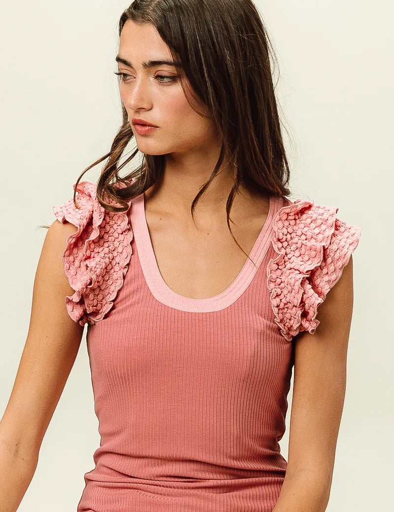 BiBi Rib Knit With Textured Ruffled Top on Simply Obsessed