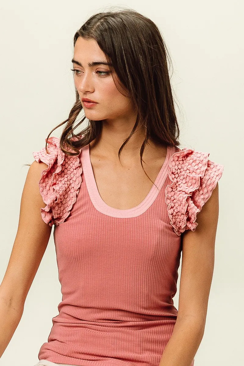 BiBi Rib Knit With Textured Ruffled Top on Simply Obsessed