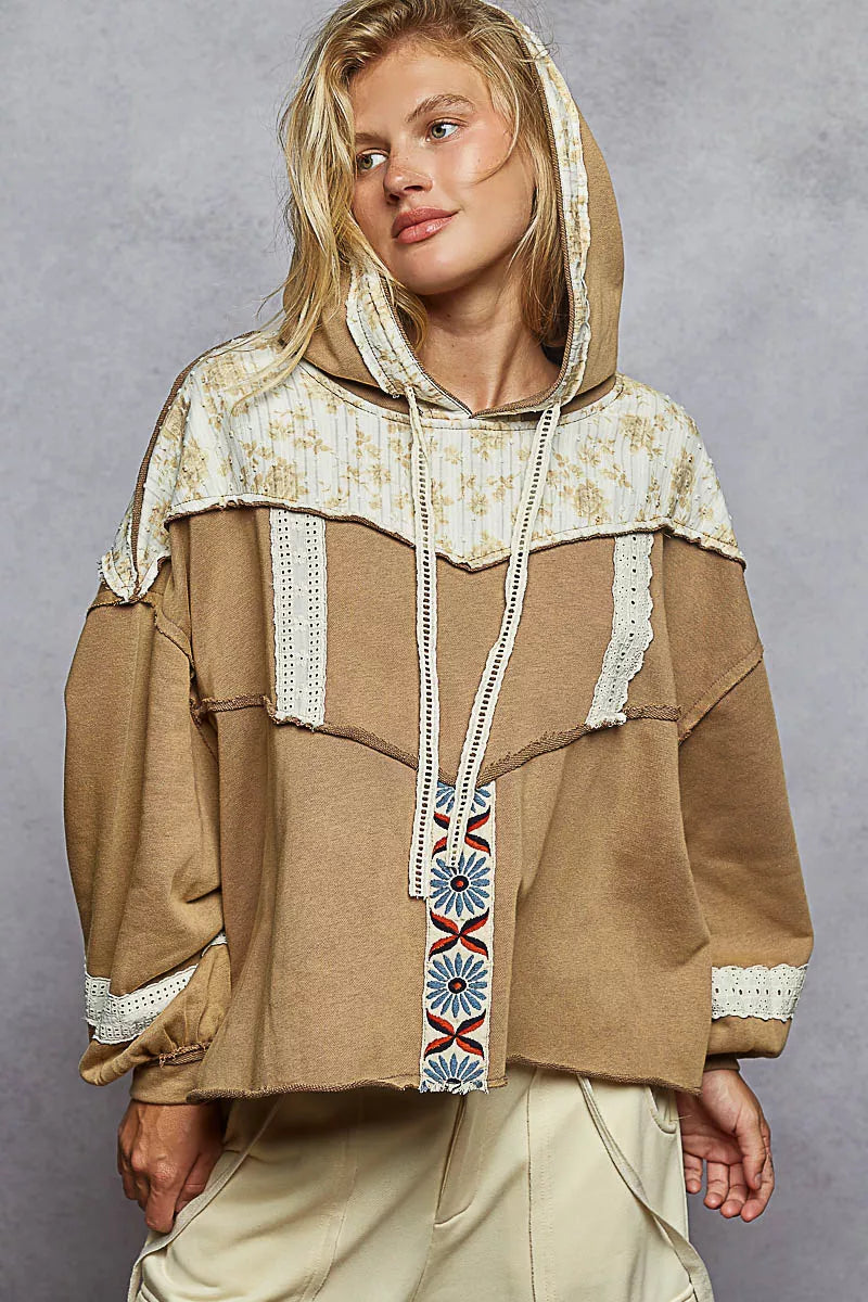 POL Drawstring French Terry Hoodie with Gauze Print Patch. **FALL DEBUT SALE** on Simply Obsessed