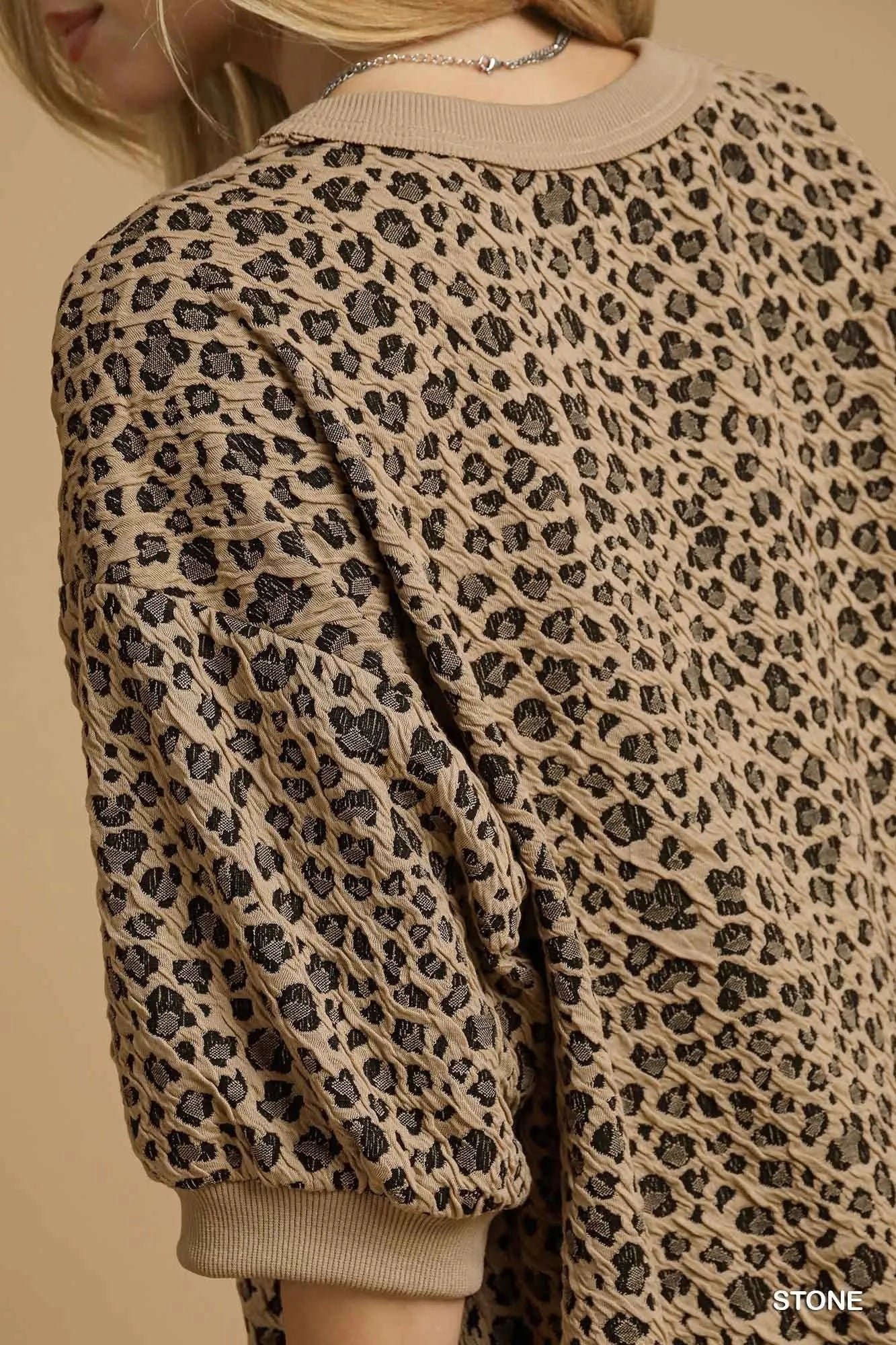 Umgee Leopard Knit Jacquard Puff Sleeve Sweatshirt on Simply Obsessed