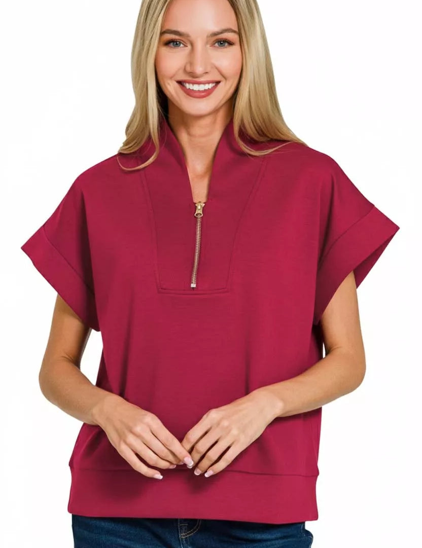 Zenana Scuba High Neck Half Zip Top on Simply Obsessed