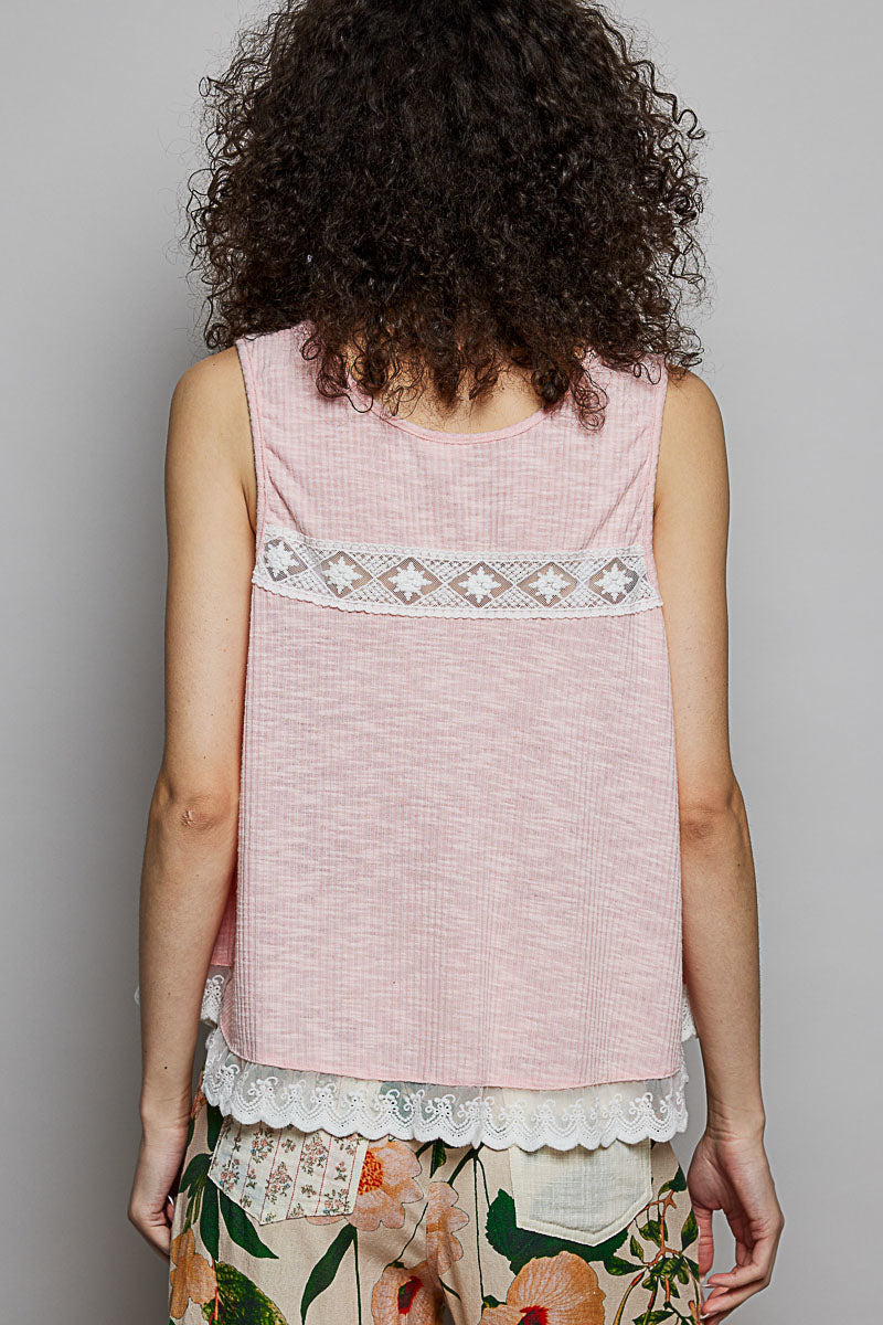 POL Lace Trim Ruffle Hem Button Detail Round Neck Sleeveless Top on Simply Obsessed