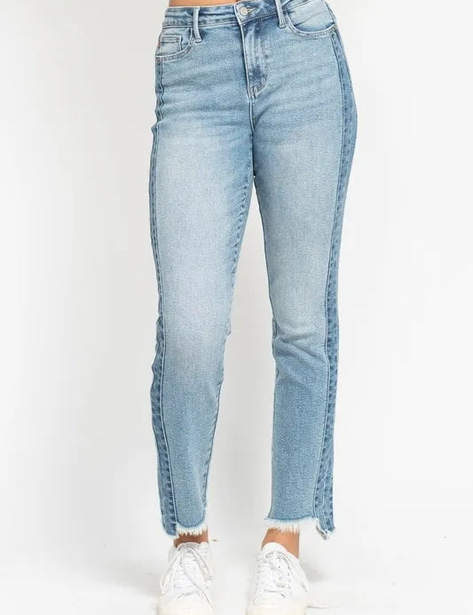 JUDY BLUE Full Size Vintage Wash Side Panel Detail with Fray Hem Slim Plus Size on Simply Obsessed