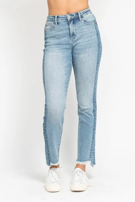 JUDY BLUE Full Size Vintage Wash Side Panel Detail with Fray Hem Slim Plus Size on Simply Obsessed