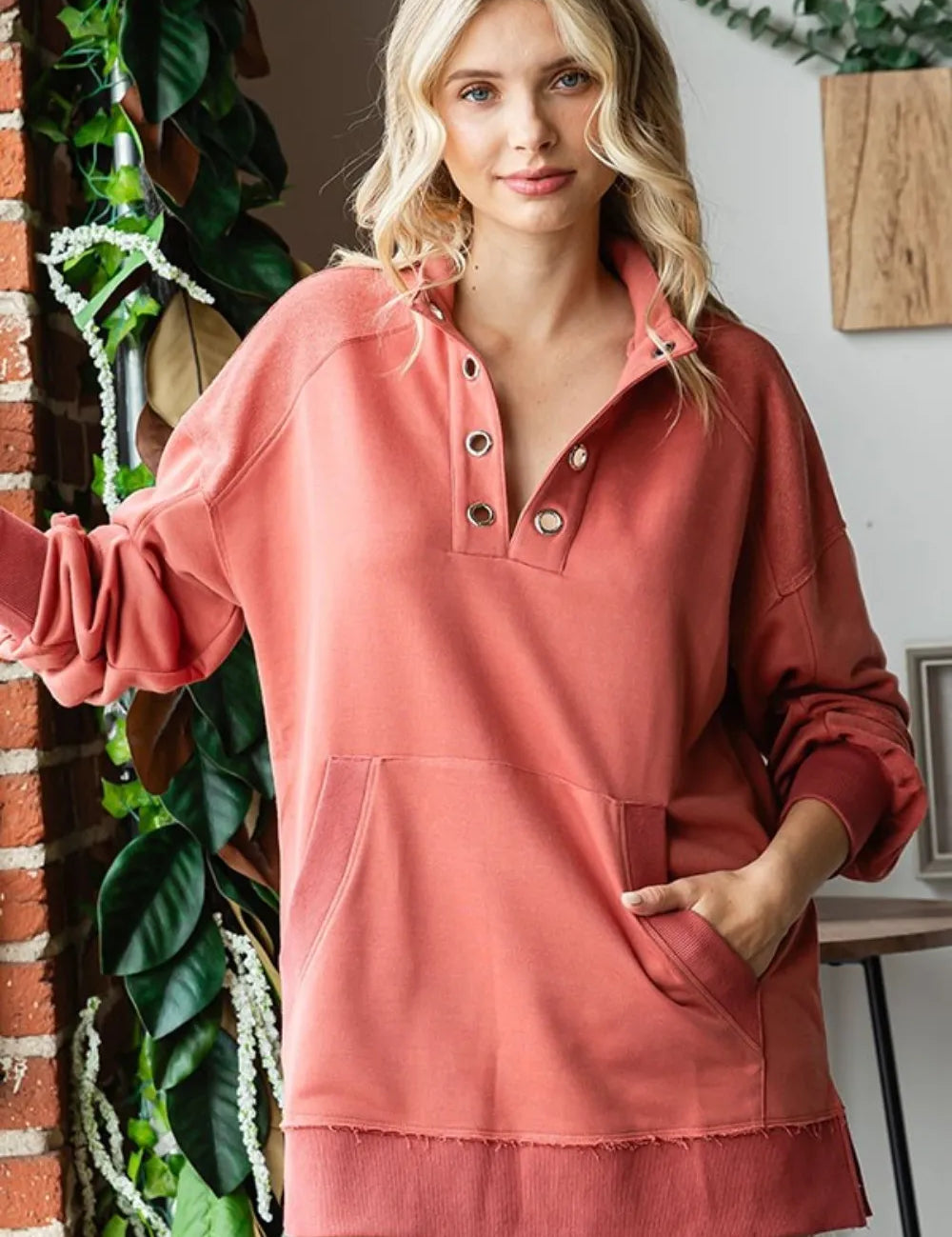 FIRST LOVE Grommet Split Neck Kangaroo Pocket Sweatshirt **FALL DEBUT SALE** on Simply Obsessed