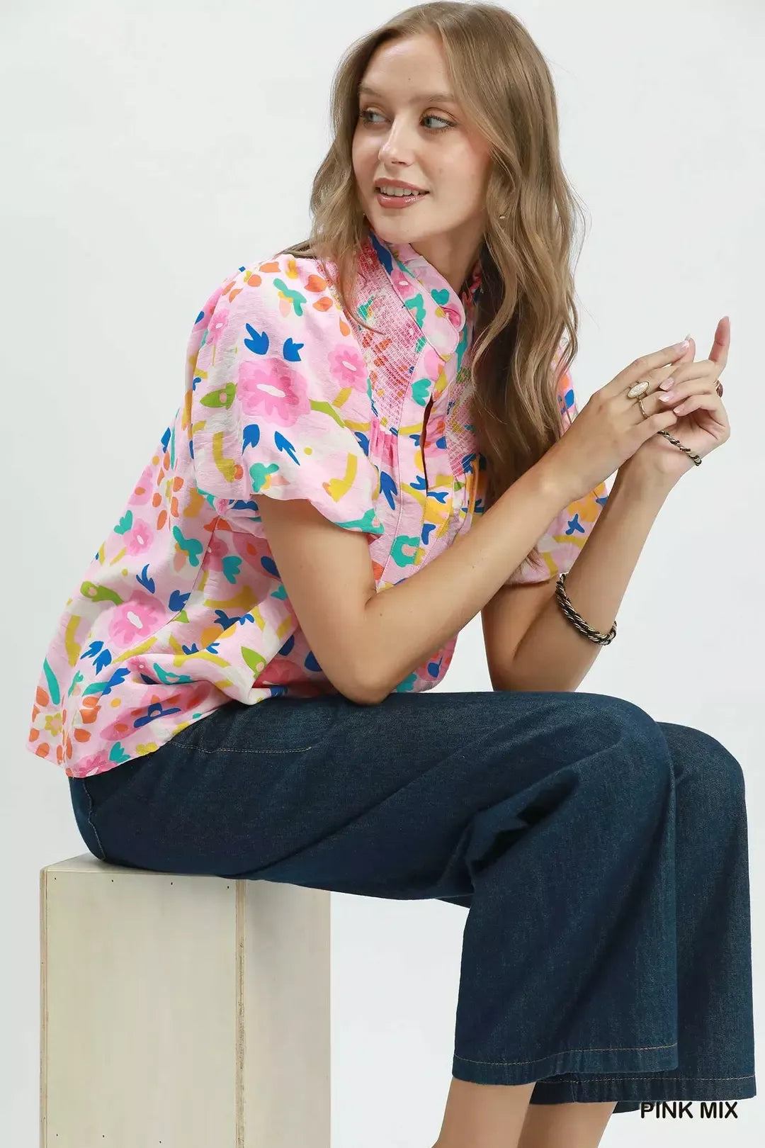UMGEE Folk Art Print Top with Smocked Detail on Simply Obsessed