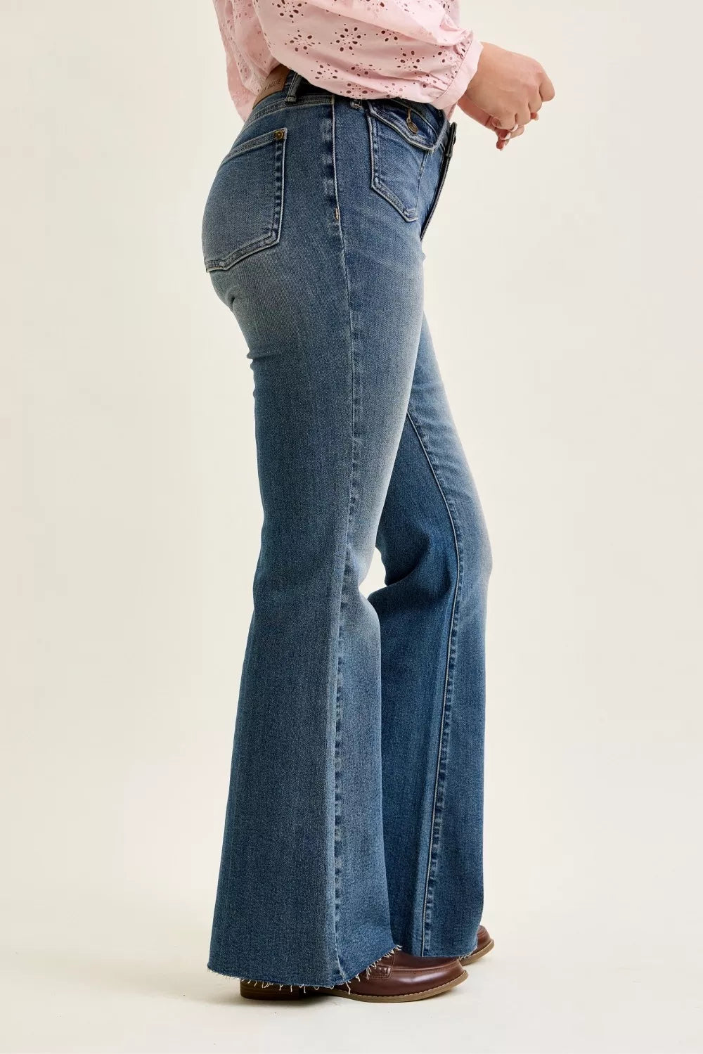 JUDY BLUE Mid Rise Flare Jeans with Front Flap Pockets on Simply Obsessed