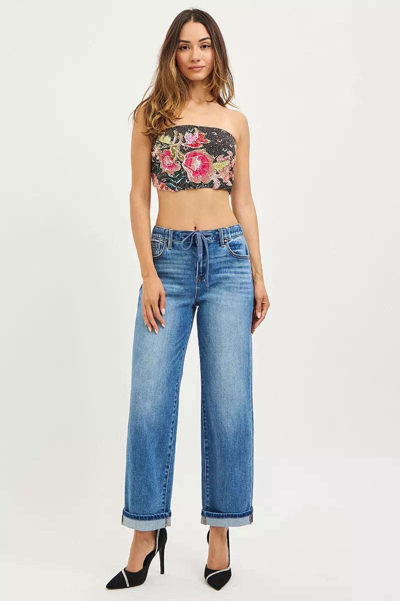 RISEN Elastic Band Slouch Ankle Boyfriend Cuffed Hem Jeans on Simply Obsessed