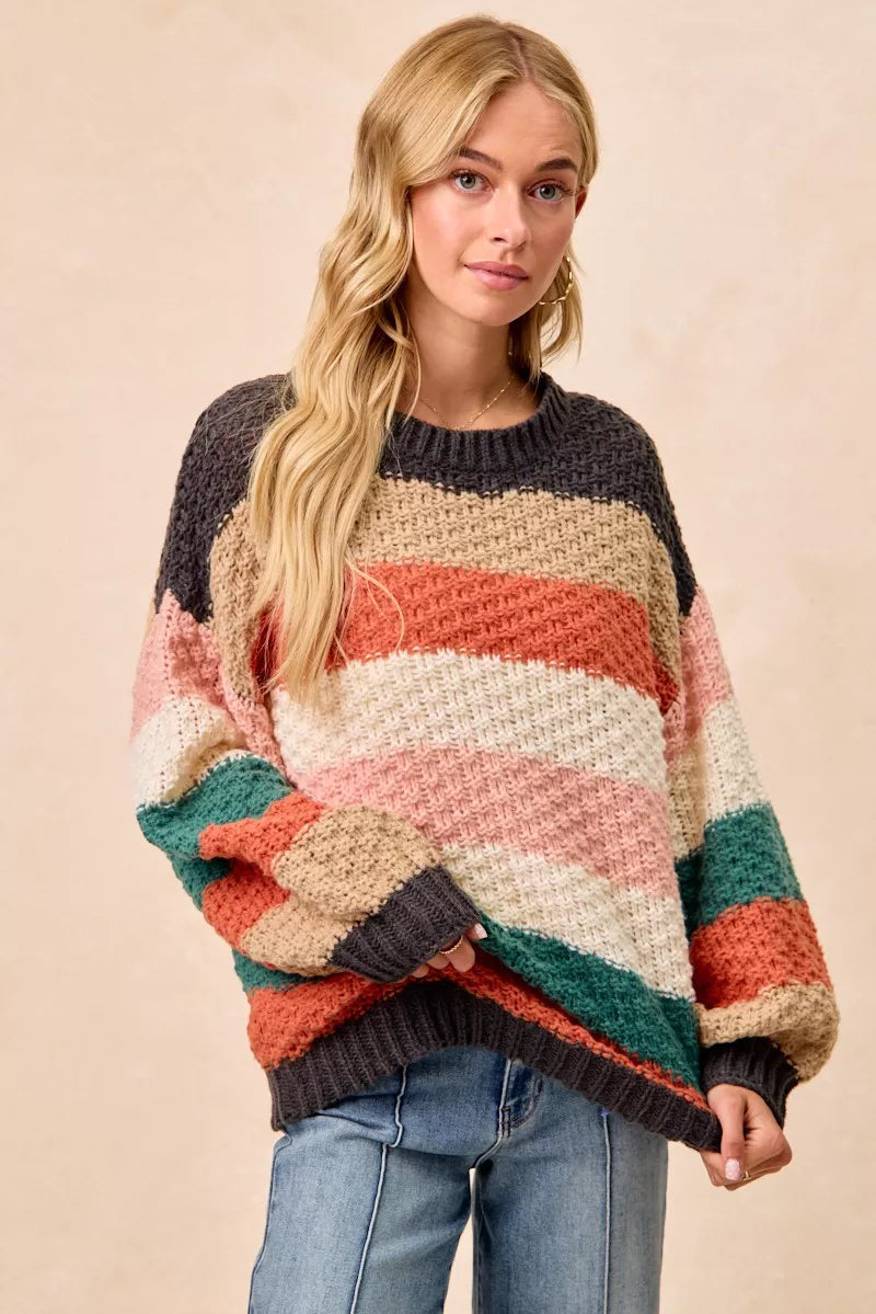 BiBi Stripes Color Block Chunky Sweater on Simply Obsessed