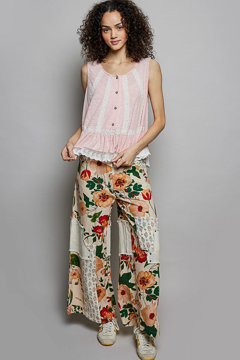 POL Lace Trim Ruffle Hem Button Detail Round Neck Sleeveless Top on Simply Obsessed