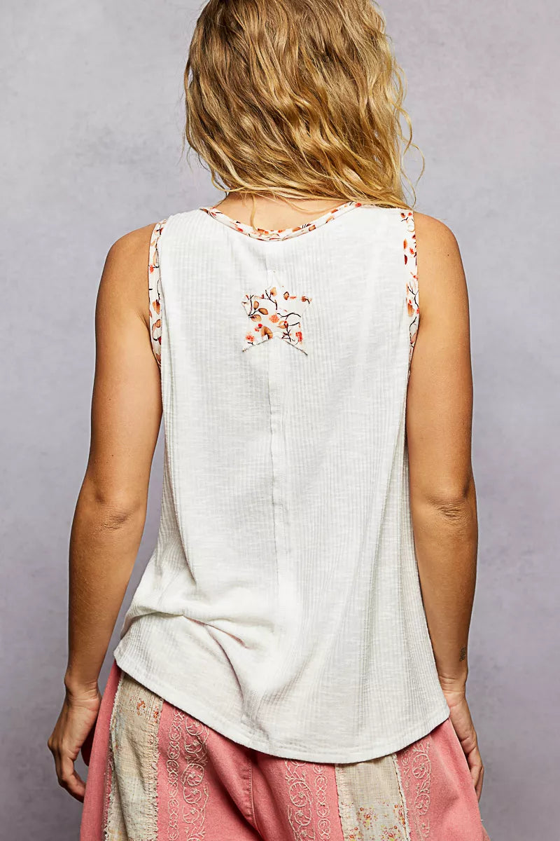 POL Floral Print Star Patch V-Neck Ribbed Tank on Simply Obsessed