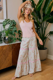 BIBI Rose Printed Gauze Trim Detail Smocked Maxi Pants on Simply Obsessed