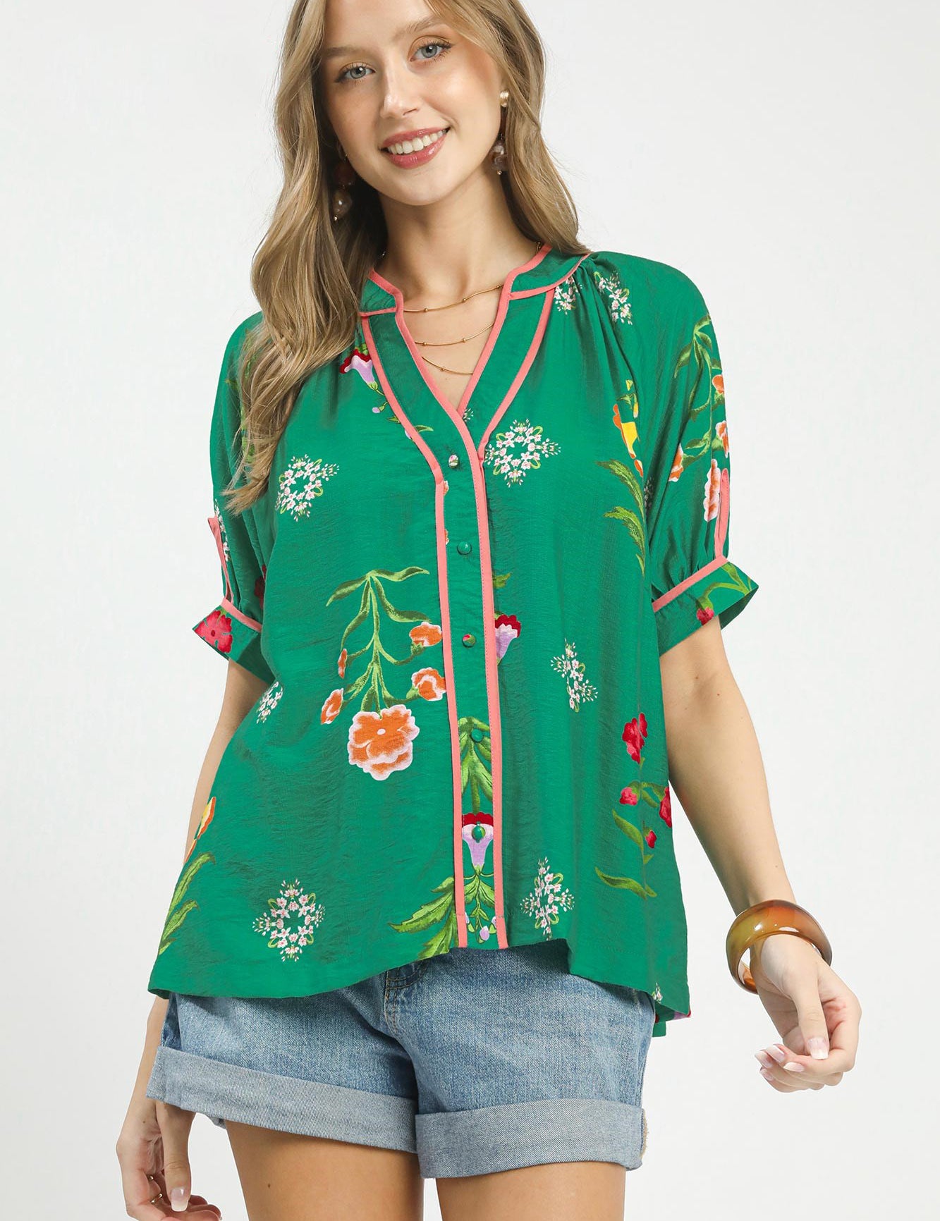 UMGEE Botanical Print Contrast Trim Button Blouse **DEBUT SALE** on Simply Obsessed