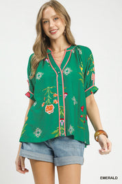 UMGEE Botanical Print Contrast Trim Button Blouse **DEBUT SALE** on Simply Obsessed