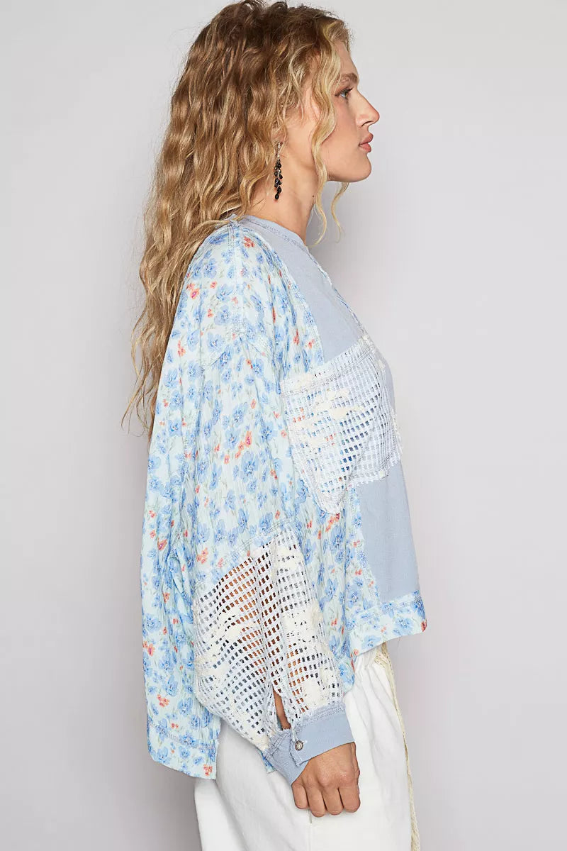 POL Round Neck Cropped Gauze Floral Pattern Top with Overlock Stitch Detail on Simply Obsessed