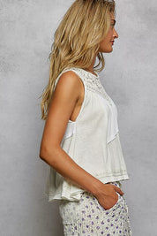 POL Round Neck Sleeveless Top with Crochet Contrast on Simply Obsessed