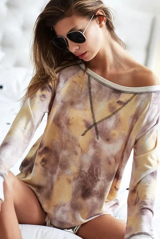 BiBi Tie Dye Terry Pull Over With Contrast Stitching on Simply Obsessed