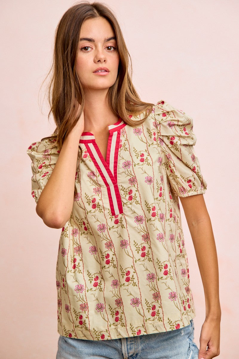 BIBI Floral Gather Sleeves Contrast Neckband Blouse Top on Simply Obsessed