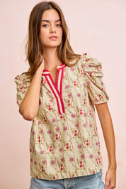 BIBI Floral Gather Sleeves Contrast Neckband Blouse Top on Simply Obsessed
