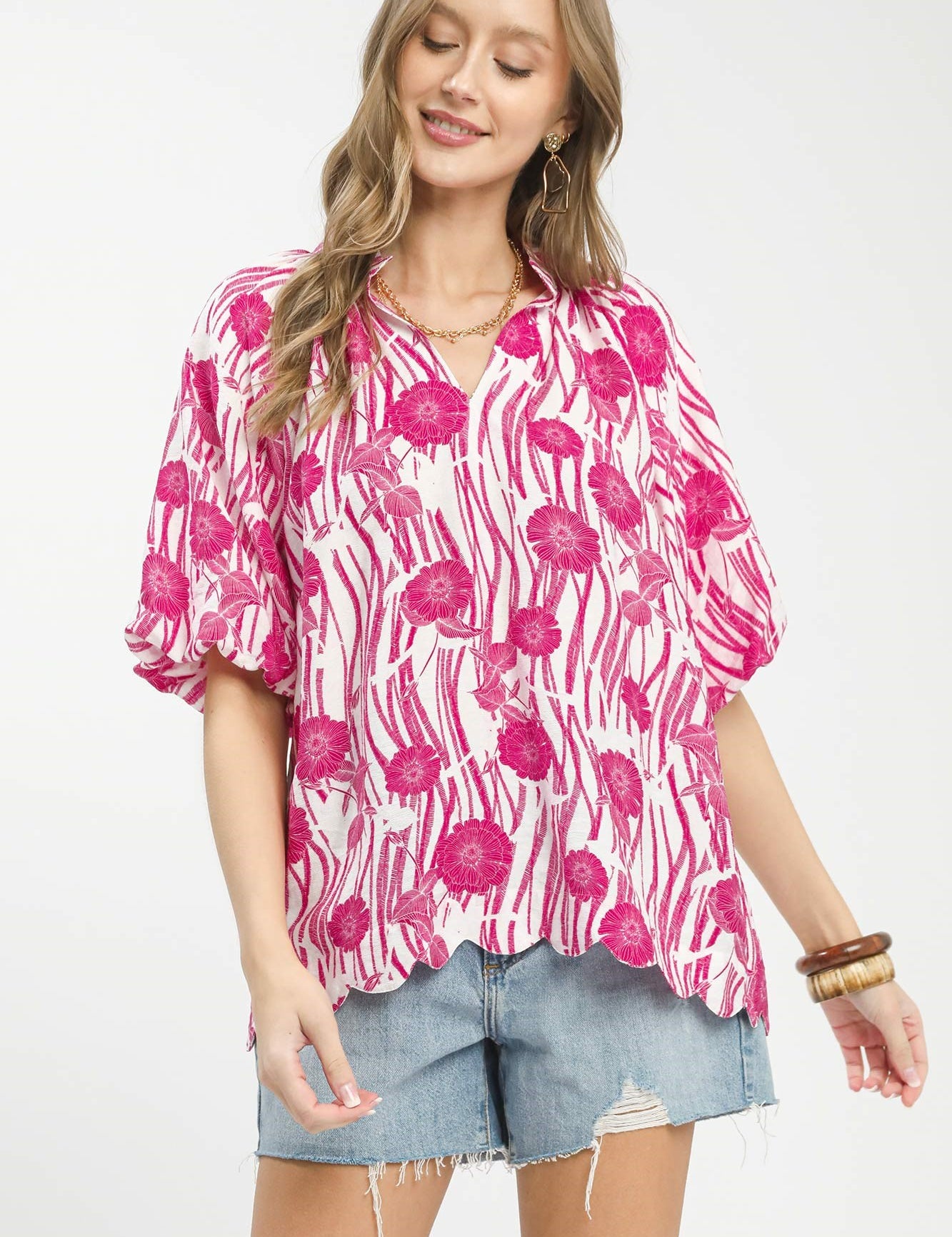 UMGEE Floral Scalloped Edge Puff Sleeve Blouse with High-Low Curved Hem **DEBUT SALE** on Simply Obsessed