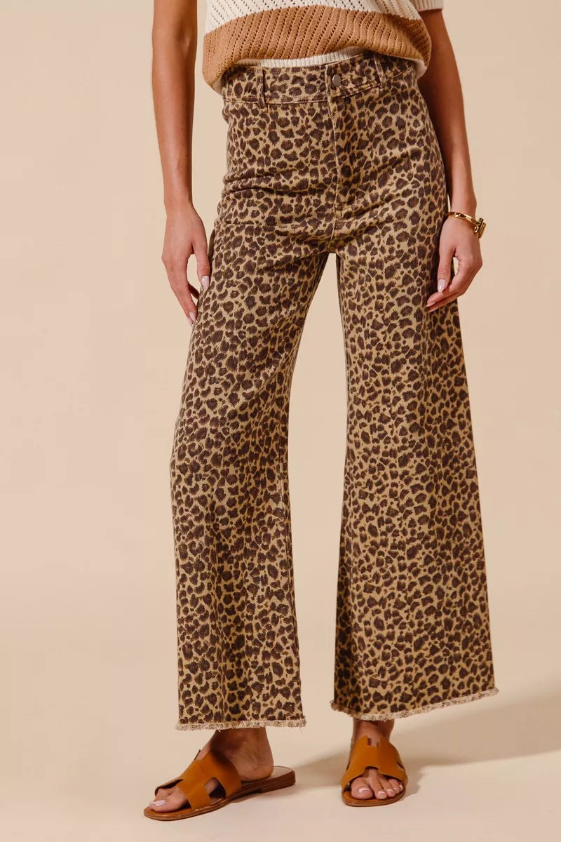 SO ME Mid Rise Leopard Twill Frayed Hem Wide Leg Pants on Simply Obsessed