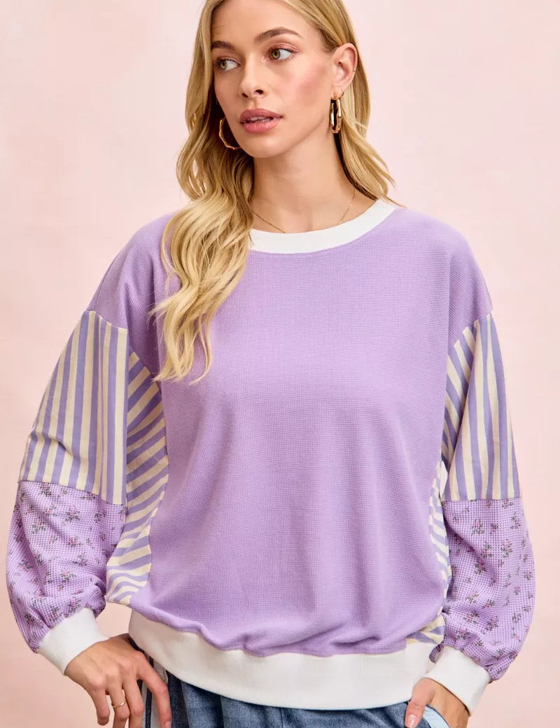 BiBi Mix and Match Sweatshirt with Floral Sleeve Striped on Simply Obsessed