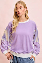 BiBi Mix and Match Sweatshirt with Floral Sleeve Striped on Simply Obsessed