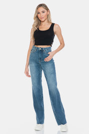 JUDY BLUE Full Size Tummy Control Cut Raw Hem Straight Jeans on Simply Obsessed