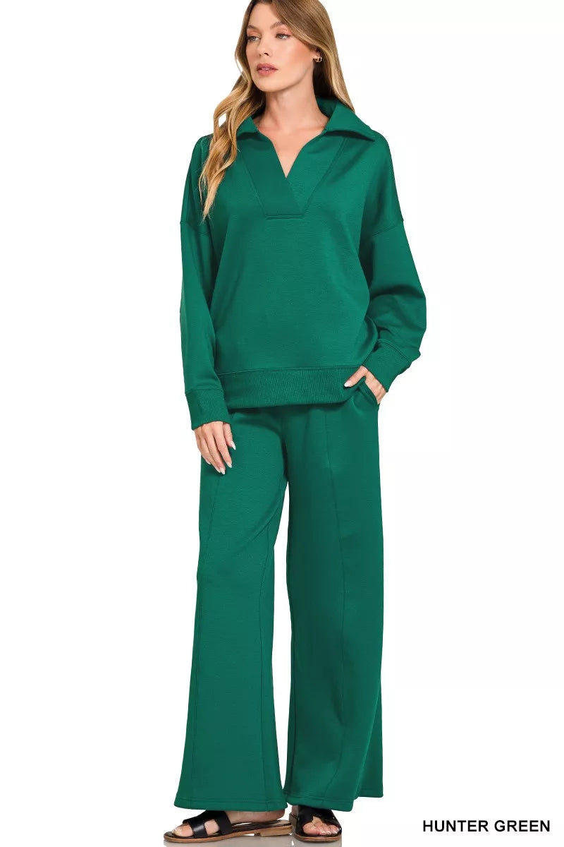 ZENANA Scuba Collared Pullover and Pants Set on Simply Obsessed