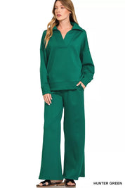 ZENANA Scuba Collared Pullover and Pants Set on Simply Obsessed